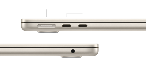 MacBook Air, aizvērts, kreisā puse, redzams MagSafe un divi Thunderbolt porti, labā puse, redzama austiņu ligzda